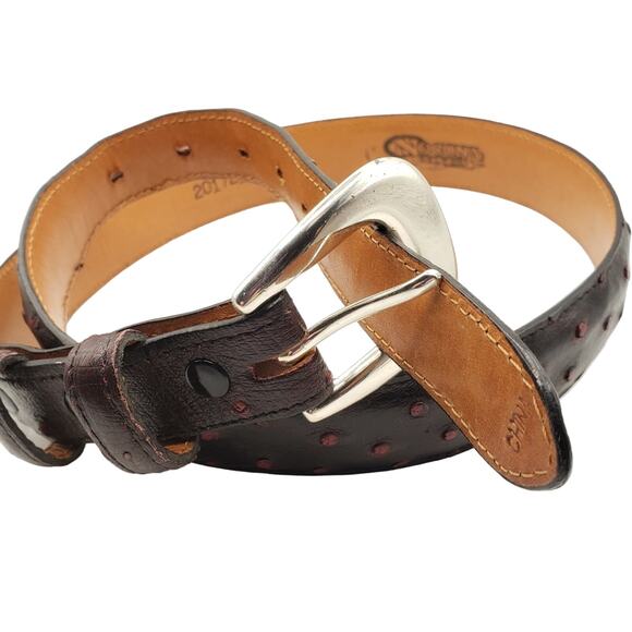 Nocona Dark Brown Red Leather Belt Ostrich Pattern Silver Tone Buckle Western 32 - Picture 9 of 9